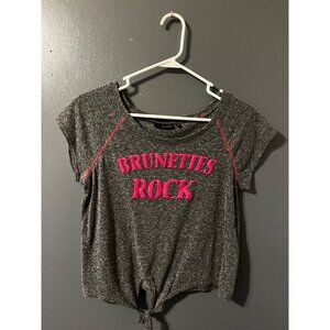 Brunettes Rock Graphic Ultra Flirt Gray Heathered Tie-Front T-Shirt With Pink L